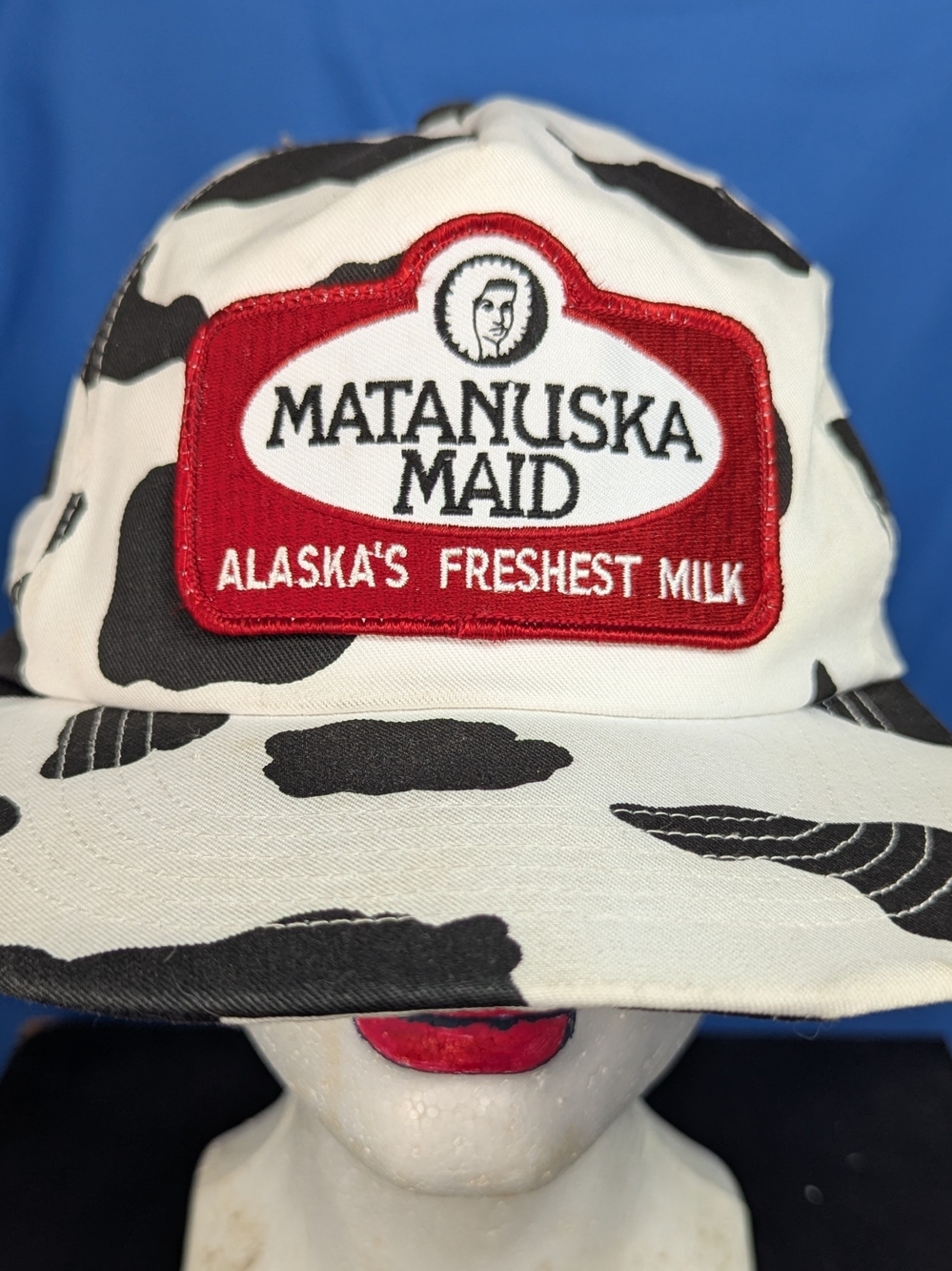 Vtg Milk Hat Cow Print San Sun Matanuska Maid Alaska's Freshest Snapback Patch